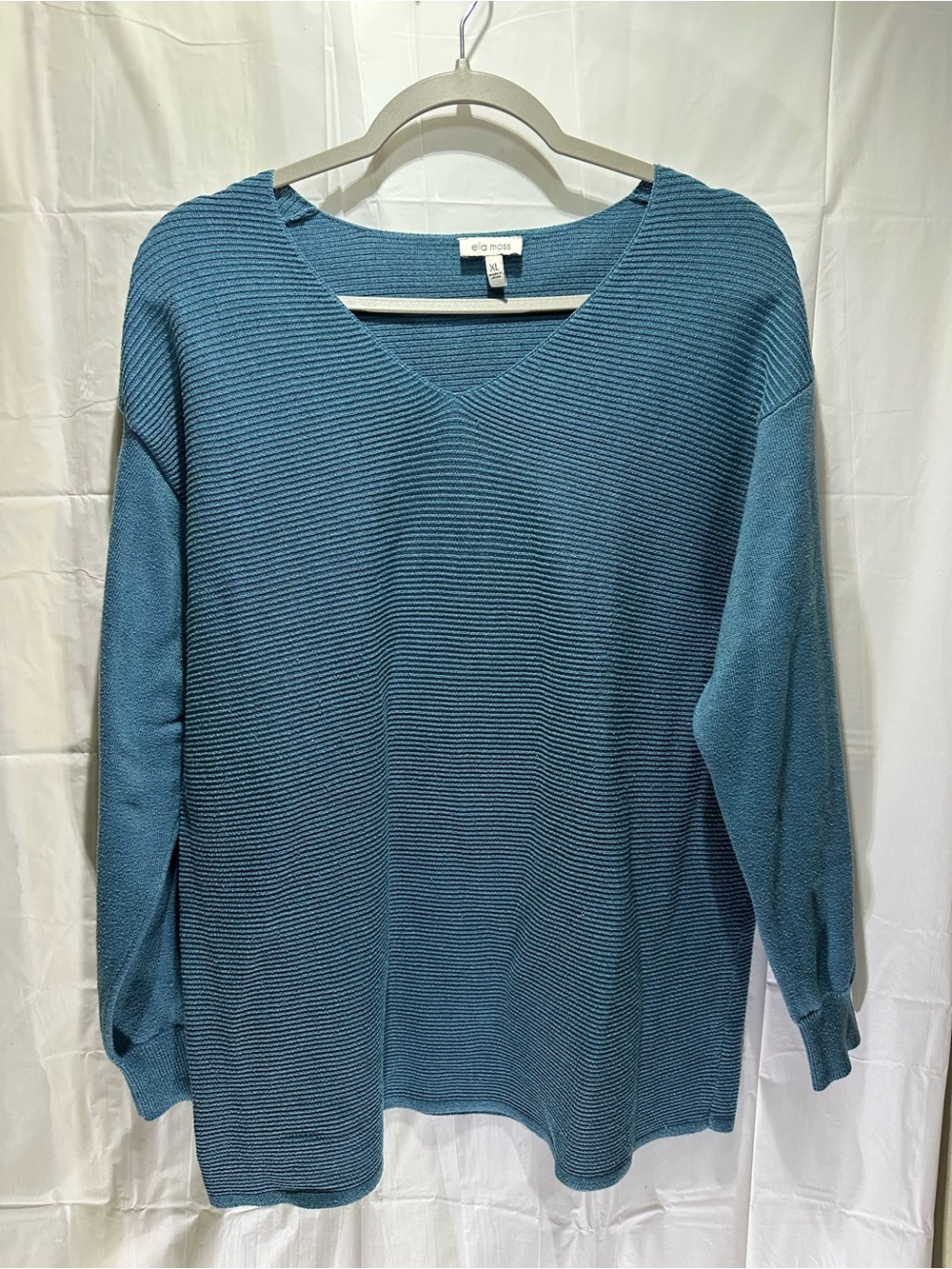Ella Moss Long Sleeve Ribbed V-Neck Sweater Blue Women's Size XL